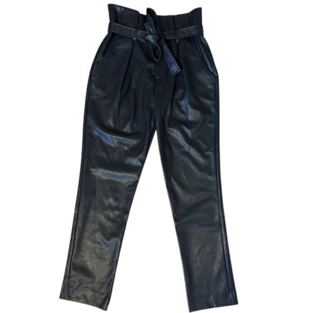 DKNY Women's Paperbag High‎ Rise Belt Zip Ankle Pants Faux Leather Black Size 2